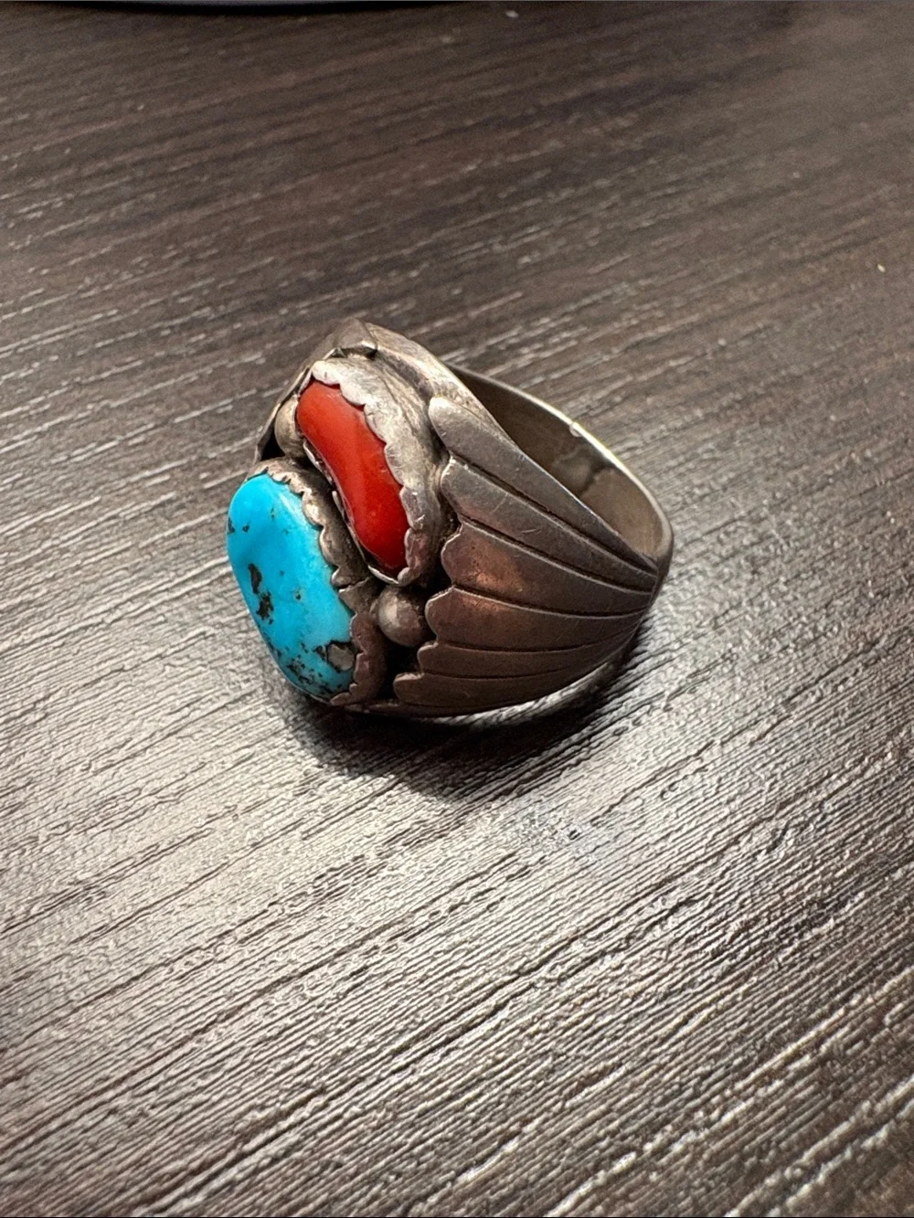 Vintage Navajo Sterling Silver Turquoise and Coral Shadowbox Ring Men’s 9.5-10.5